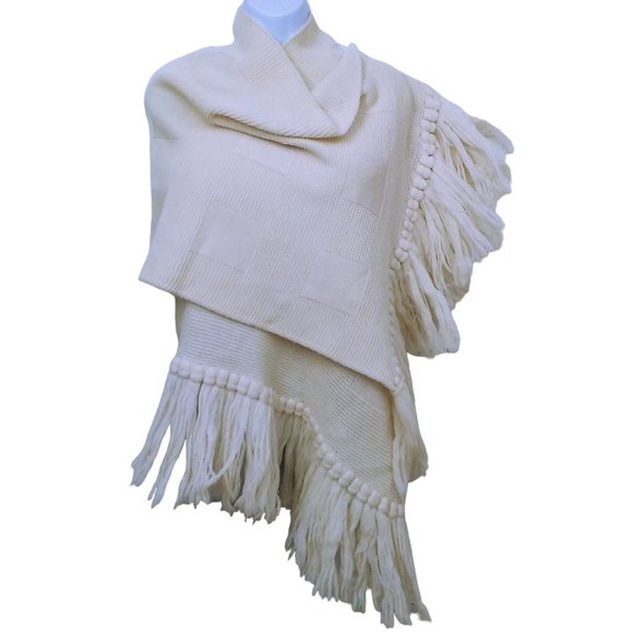 Vintage 70s Knit Shawl Wrap Nicolais Hand-Loomed 62x20" Textured Cubes Fringe - Picture 2 of 10